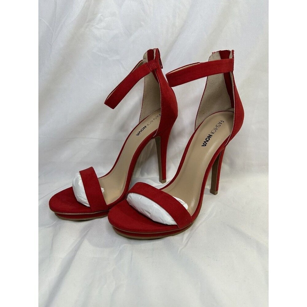 Fashion Nova TNT Red Suede Heels, Open Toe, New In Box Size 7 1/2